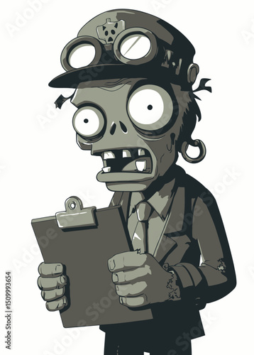 A menacing Zombie Ticket Inspector with a rotting clipboard,