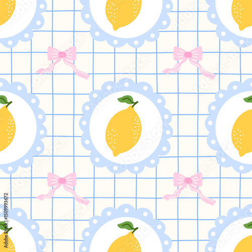 Kawaii citrus fruit and floral seamless pattern vector illustration. Fresh and organic background for fun summer decor