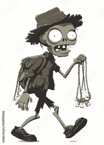 A ragged Zombie Hobo carrying a bindle of bones,