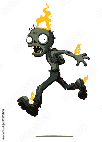 A reckless Zombie Daredevil jumping through fire with rotting skin,