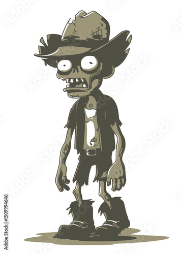 A rugged Zombie Cowboy with a decaying hat and spurs,