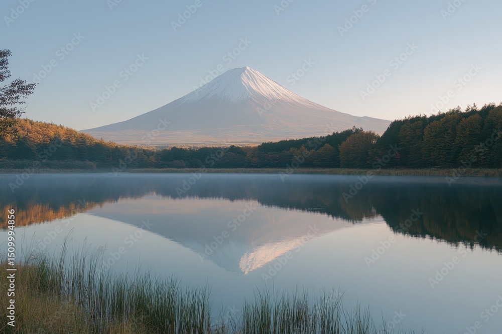 Obraz premium Morning tranquility on Mount Fuji with its majestic reflection in a serene lake surrounded by autumn foliage