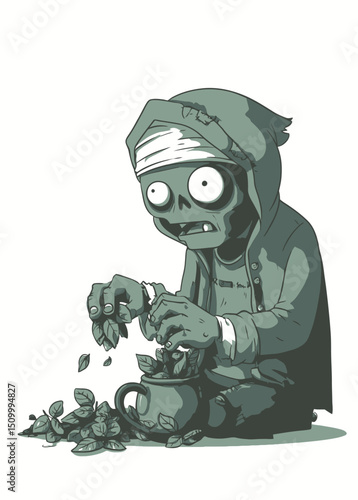 A serene Zombie Tea Master brewing poisonous leaves,
