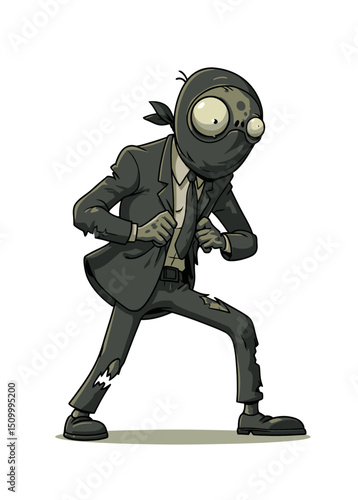 A stealthy Zombie Spy in a ripped suit, lurking in the shadows,