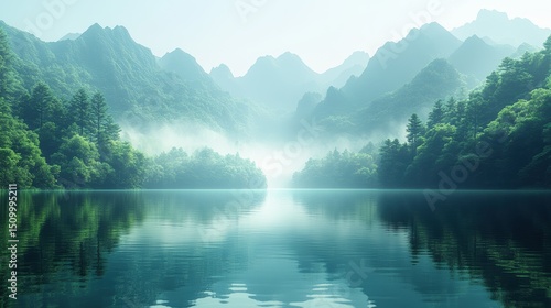 Tranquil teal lake mirroring lush mountains beneath a misty horizon in a peaceful scenic landscape
