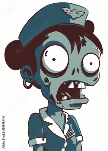 A terrifying Zombie Flight Attendant with hollow eyes, serving zombie passengers,