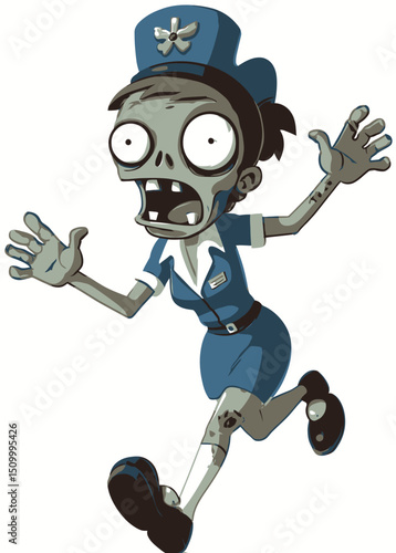 A terrifying Zombie Flight Attendant with hollow eyes, serving zombie passengers,