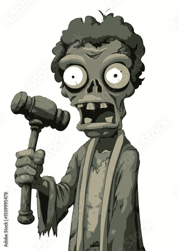 A terrifying Zombie Judge in a tattered robe, holding a gavel, undead and menacing,