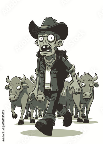 A tough Zombie Rancher herding undead cattle,