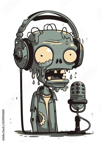 A zombified Zombie Radio Host with a melted face, broadcasting,