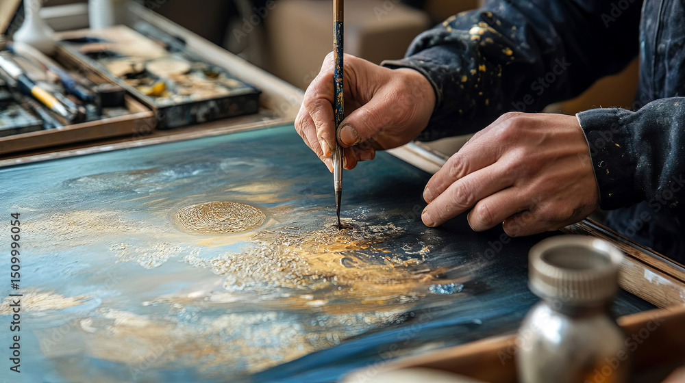 Obraz premium Artist hands skillfully painting a vibrant abstract artwork on canvas with rich textures and colors, showcasing creativity and artistic expression in a studio environment