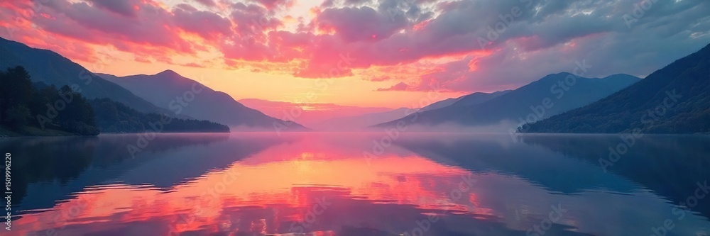 Fototapeta premium Serene sunrise over a calm lake reflecting the vibrant colors of the sky Misty mountains rise in the distance, creating a breathtakingly peaceful waterscape , vibrant, picturesque, sky