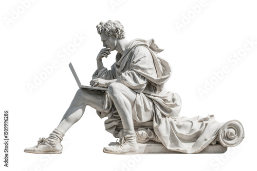 PNG Marble statue of a seated man in deep thought with laptop