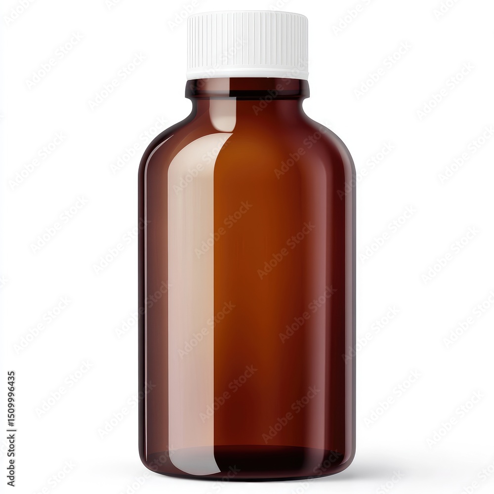 Fototapeta premium Amber glass bottle with white cap, isolated on white background; smooth, slightly curved
