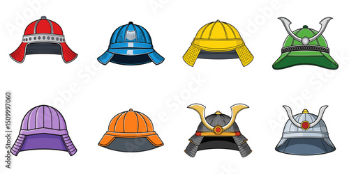 Multiple vector illustrations of samurai helmets, outlines