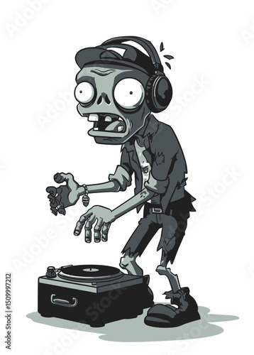 Zombie DJ - A rotting zombie DJ scratching records with bone fingers.