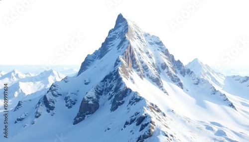 A pristine, snow-covered mountain peak isolated on white , mountain range, crisp, alps