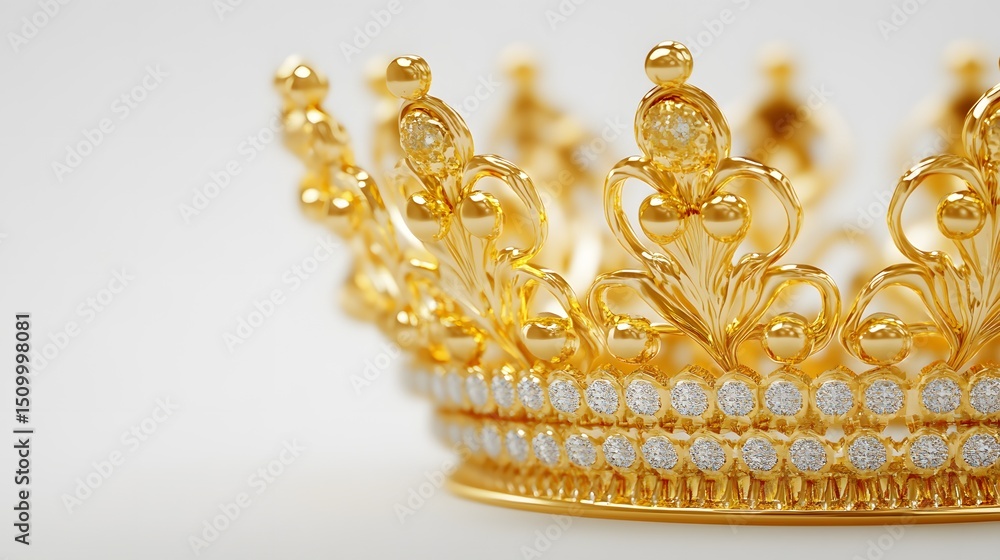 Fototapeta premium 3D render of a detailed, golden crown adorned with sparkling gemstones and intricate floral designs.