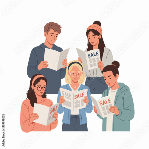 People reading sale brochure advertisement together indoors