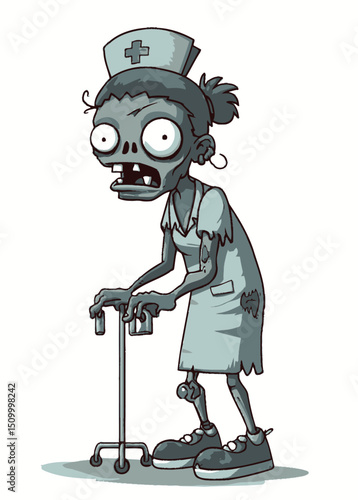 Zombie Nurse - A skeletal zombie nurse with hollow eyes, pushing a broken IV stand.