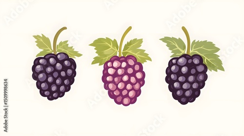 Digital illustration of three blackberries with green leaves, presented in a flat, stylized design.
