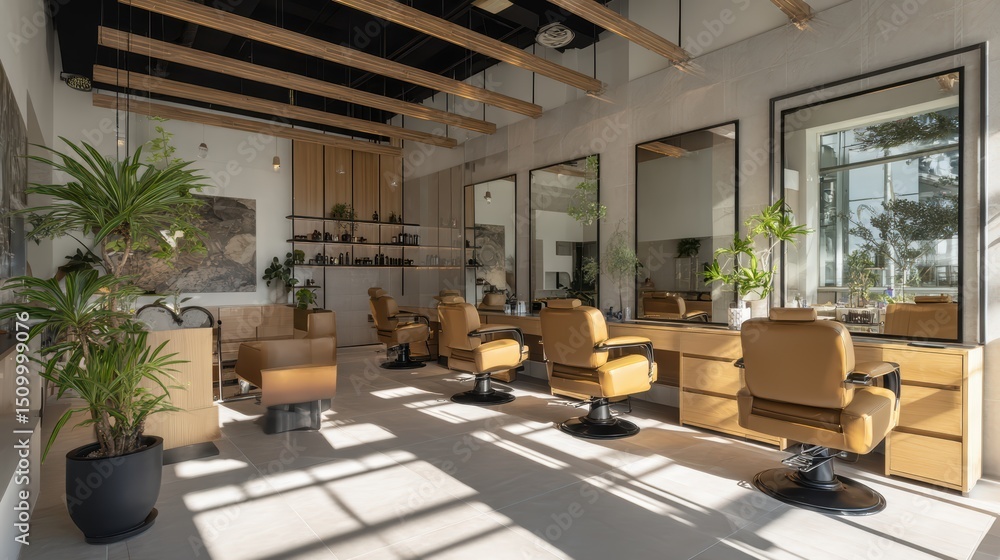 Modern hair salon with wooden decor, brown chairs, mirrors and green plants Modern hair salon with wooden decor, brown chairs, mirrors and green plants