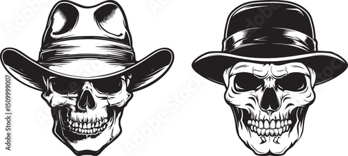 Vintage Skull Illustrations in Cowboy and Fedora Hats