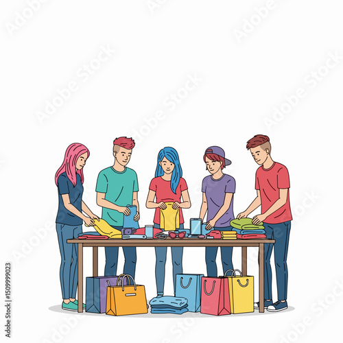 People organizing donation with shopping bags and clothes
