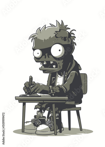 Zombie Student - A zombified student taking notes with a rotting hand.
