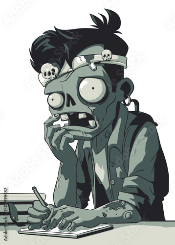 Zombie Student - A zombified student taking notes with a rotting hand.