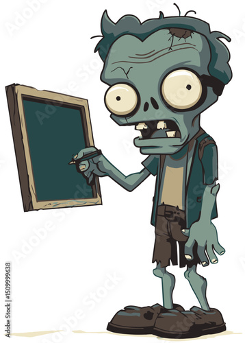 Zombie Teacher - A zombified teacher with decaying skin, writing on a cracked chalkboard.