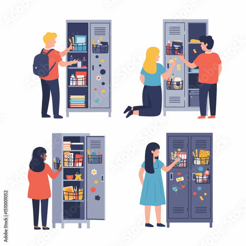 Students at school lockers with supplies and decor
