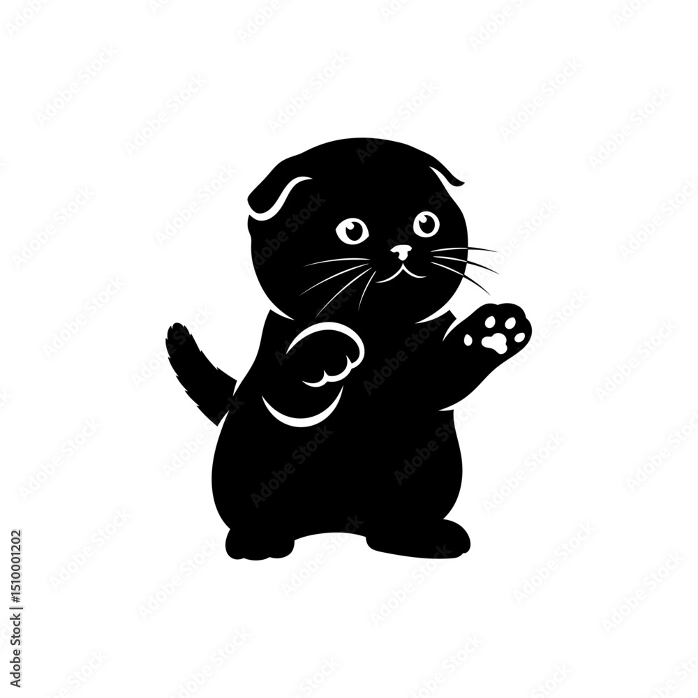 Naklejka premium Black scottish fold kitten isolated on white background, a cute domestic pet with folded ears, standing in a playful pose, a cartoon vector illustration