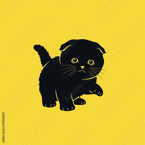 A cute black scottish fold kitten with yellow eyes and a playful expression, isolated on a bright yellow background, showcasing its small paws and adorable features