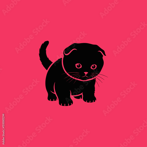 Illustration of a cute black scottish fold kitten with pink eyes on a pink background, a sweet and adorable domestic pet with folded ears and a short tail
