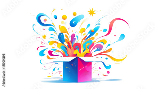 Magical surprise box with colorful swirls and stars, fantasy and imagination concept, vector illustration