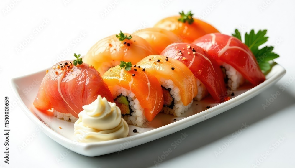 Colorful sushi platter, soy sauce, wasabi, ginger, white background, oriental, sauce, east asian Colorful sushi platter, soy sauce, wasabi, ginger, white background, oriental, sauce, east asian
