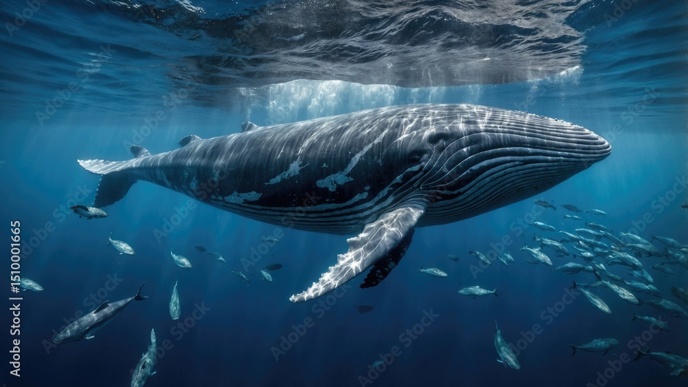 Fototapeta premium Sharks swim together with various fish in clear ocean water, creating a stunning marine life scene.