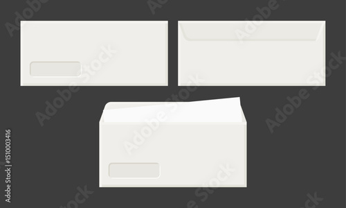 White Business Envelope Front Back View Vector. Envelope Icon on Black Background.