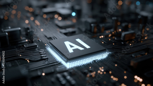Close up image of an AI chip on a circuit board, the future of technology