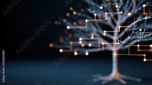 Abstract tree with glowing connections representing network, technology, and growth.  The branches form a complex structure with nodes of light