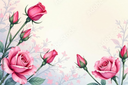 Delicate watercolor rose buds repeat across soft pastel background , background, texture