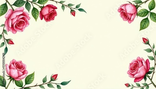 Delicate watercolor roses, climbing vines, and leaves on a cream background , nature, elegant, flower