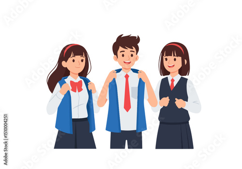 Smiling students putting on school uniform jackets