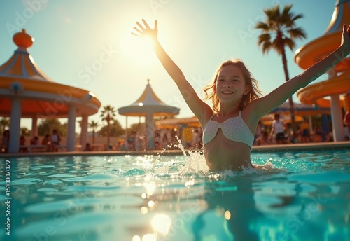 Energetic Amusement park with swimming pool during soft sunlight