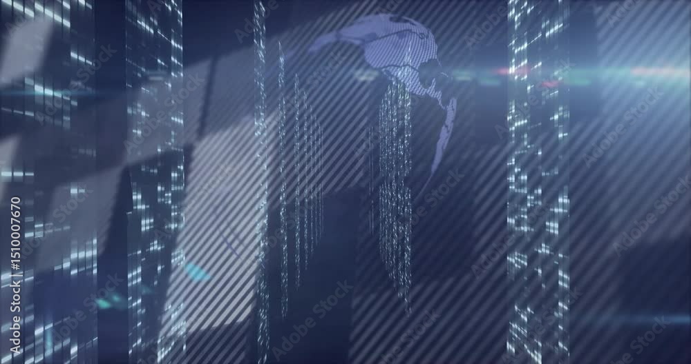 Wireframe panel sliding into corridor layering grid merging rotating globe for data visualization Wireframe panel sliding into corridor layering grid merging rotating globe for data visualization