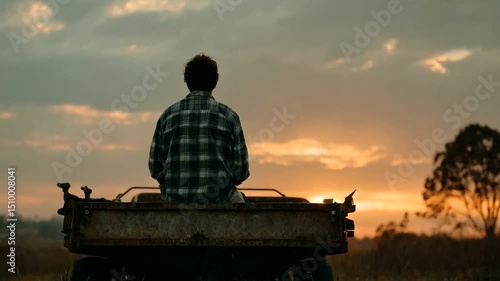 Person sitting on a farm vehicle at sunset
