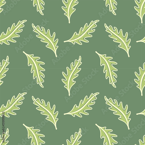 Arugula leaves pattern, leafy vegetables. Microgreen. On bright green background.