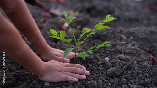 Child's hands planting a tree. Concept of loving the world and conserving the environment. Solving the problem of global warming.