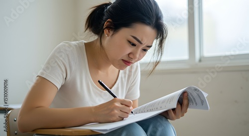 Wallpaper Mural Focused student diligently completing a test, exam, or quiz indoors, with a thoughtful expression and pen in hand. Torontodigital.ca